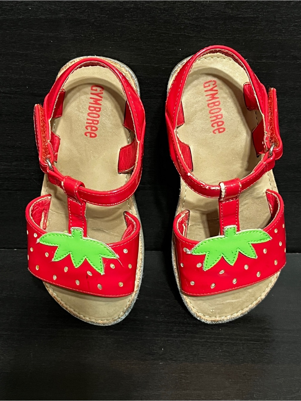 ✨2/$15✨ Gymboree Red Strawberry T-Strap Sandals with Green Leaf Accent - Picture 4 of 6